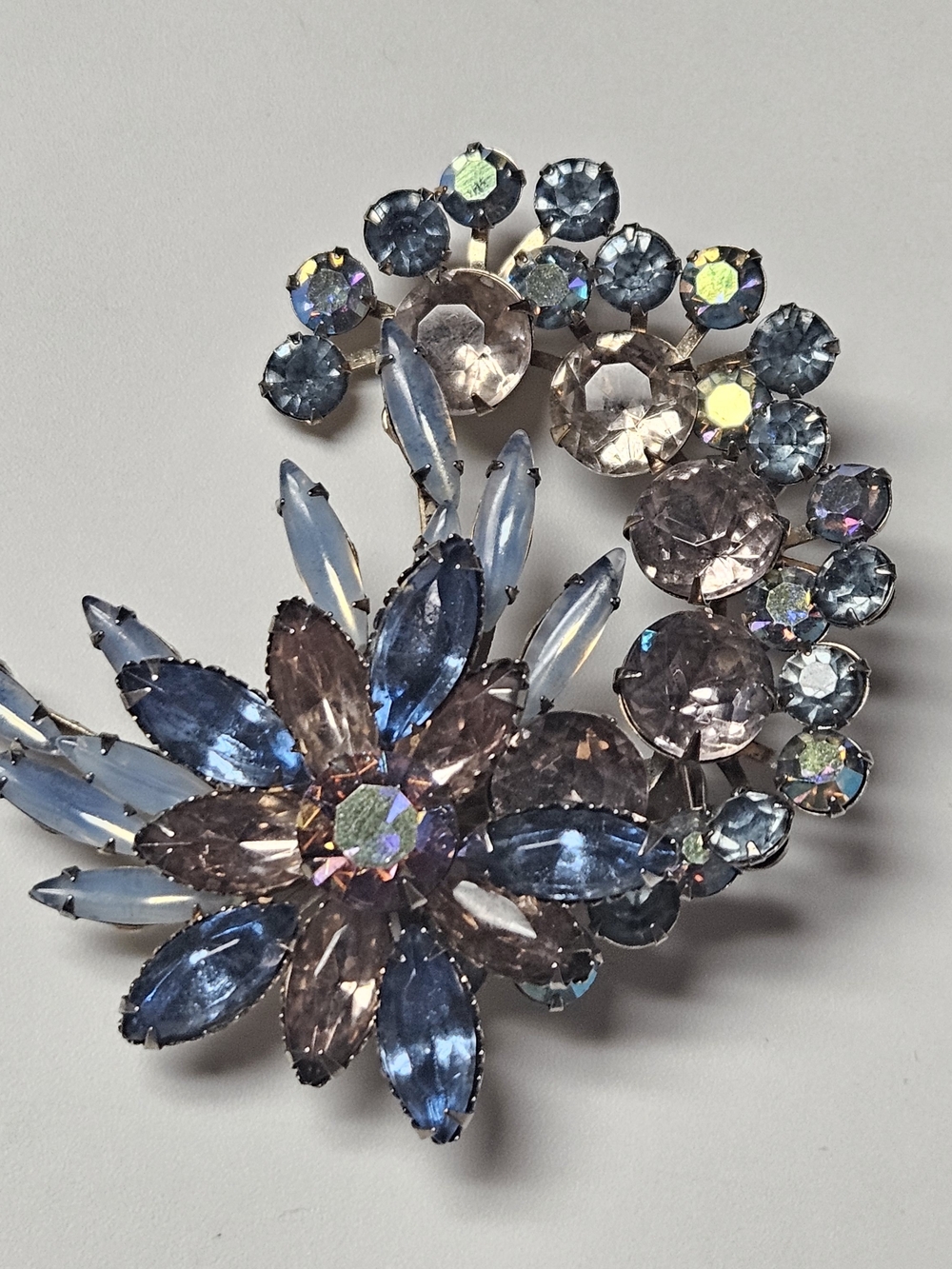 Opal Blue and Lavender Crystal Floral Brooch